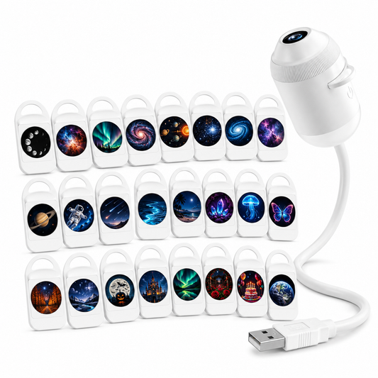 White USB galaxy projector with 24 projection slides arranged in three rows on a clean white background